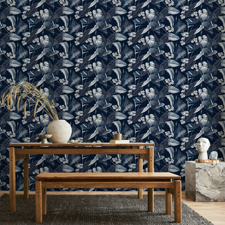 Modern Wallpaper Monochrome Nature - Sketch of Leaves and Flowers on a Navy Blue Background 149905 additionalImage 8