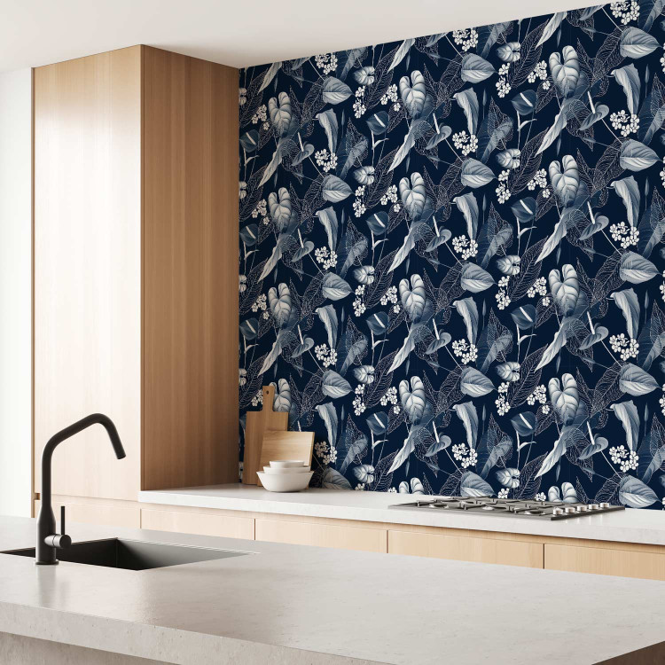 Modern Wallpaper Monochrome Nature - Sketch of Leaves and Flowers on a Navy Blue Background 149905 additionalImage 9