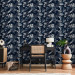 Modern Wallpaper Monochrome Nature - Sketch of Leaves and Flowers on a Navy Blue Background 149905 additionalThumb 5