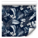 Modern Wallpaper Monochrome Nature - Sketch of Leaves and Flowers on a Navy Blue Background 149905 additionalThumb 6