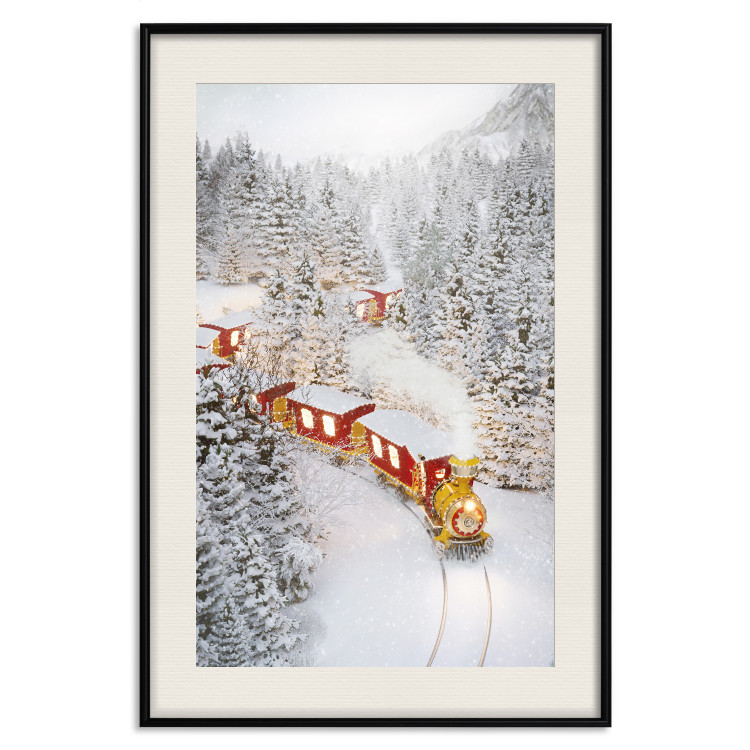 Wall Poster Christmas Train - A Red Train Going Through a Snow-Covered Forest 151705 additionalImage 24