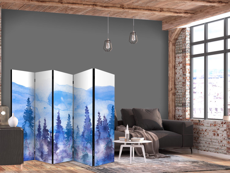 Room Divider Watercolor Landscape - Cobalt Forest of Christmas Trees on the Background of Mountain Peaks II [Room Dividers] 159805 additionalImage 4