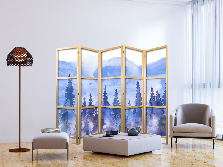 Room Divider Watercolor Landscape - Cobalt Forest of Christmas Trees on the Background of Mountain Peaks II [Room Dividers] 159805 additionalImage 6