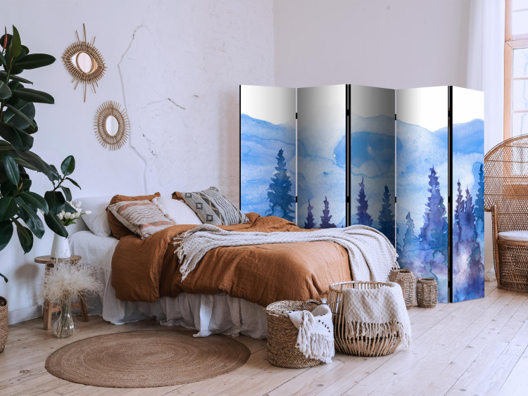 Room Divider Watercolor Landscape - Cobalt Forest of Christmas Trees on the Background of Mountain Peaks II [Room Dividers] 159805 additionalImage 2