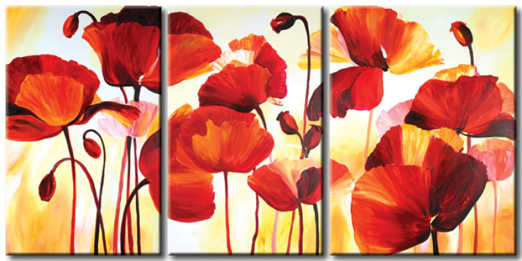 Canvas Print Scarlet Poppies (3-piece) - abstract floral motif with a glow 46605