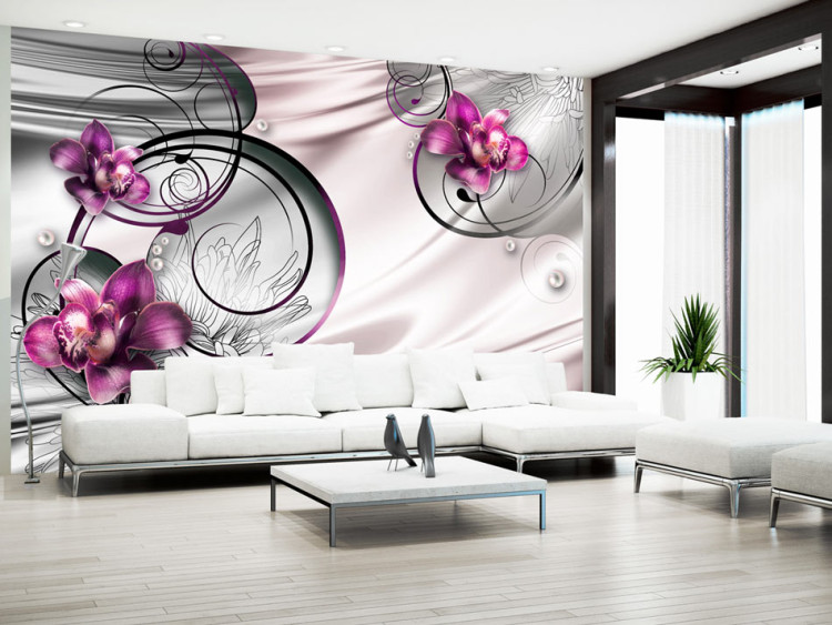 Wall Mural Wave of Pleasure - Abstraction of Orchid Flowers in Violet with Pearls 60305