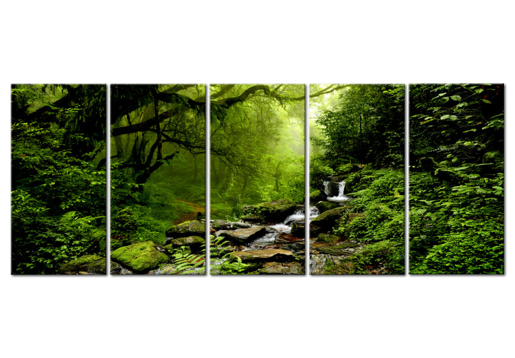 Canvas Print Forest Waterfall (5-piece) - Picturesque Landscape Amidst Green Trees 98605