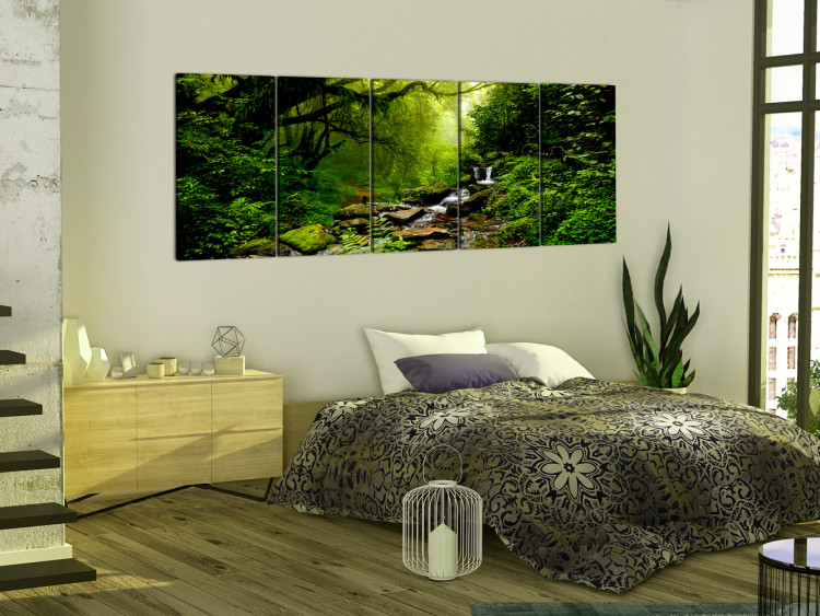 Canvas Print Forest Waterfall (5-piece) - Picturesque Landscape Amidst Green Trees 98605 additionalImage 3