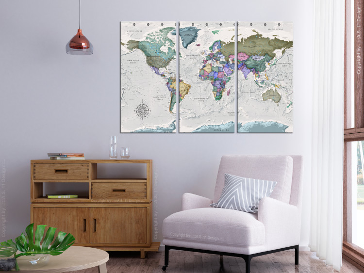 Canvas Print Journey into the Unknown (3-part) - Colorful World Map on Grey Background 107315 additionalImage 3