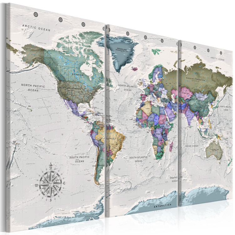 Canvas Print Journey into the Unknown (3-part) - Colorful World Map on Grey Background 107315 additionalImage 2