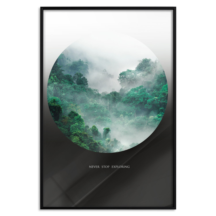 Wall Poster Never stop exploring - landscape of forest trees amidst fog and white text 117015 additionalImage 24