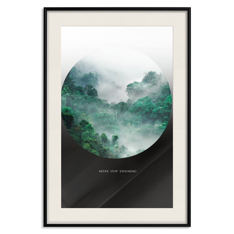 Wall Poster Never stop exploring - landscape of forest trees amidst fog and white text 117015 additionalImage 18
