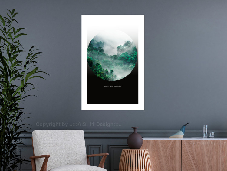 Wall Poster Never stop exploring - landscape of forest trees amidst fog and white text 117015 additionalImage 4