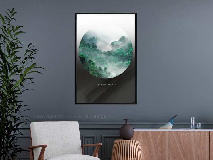 Wall Poster Never stop exploring - landscape of forest trees amidst fog and white text 117015 additionalImage 5