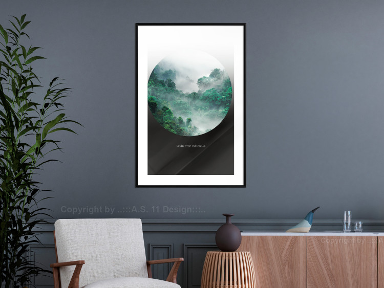 Wall Poster Never stop exploring - landscape of forest trees amidst fog and white text 117015 additionalImage 4
