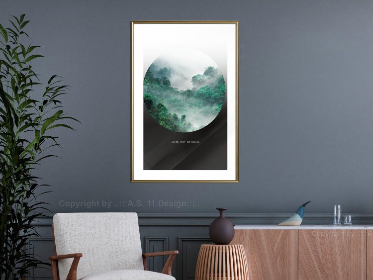 Wall Poster Never stop exploring - landscape of forest trees amidst fog and white text 117015 additionalImage 13