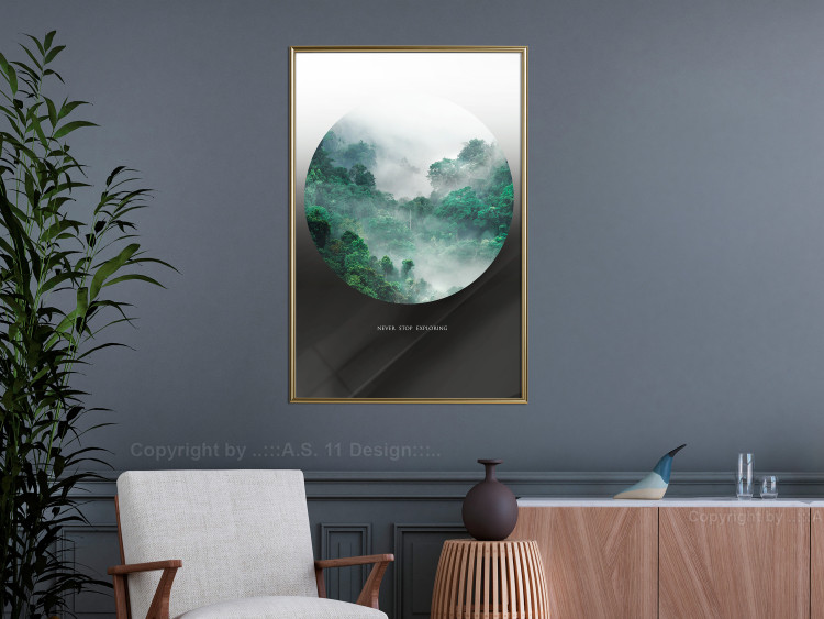 Wall Poster Never stop exploring - landscape of forest trees amidst fog and white text 117015 additionalImage 7