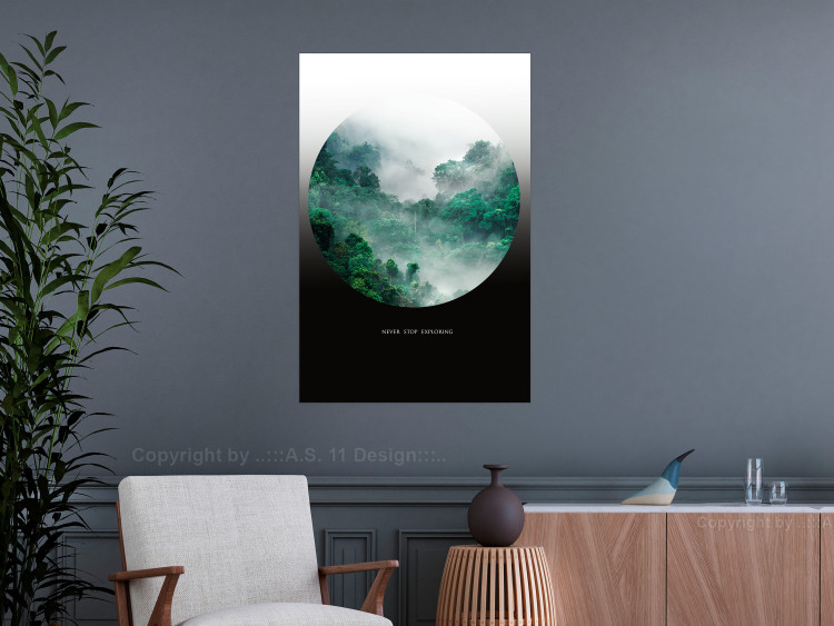 Wall Poster Never stop exploring - landscape of forest trees amidst fog and white text 117015 additionalImage 17
