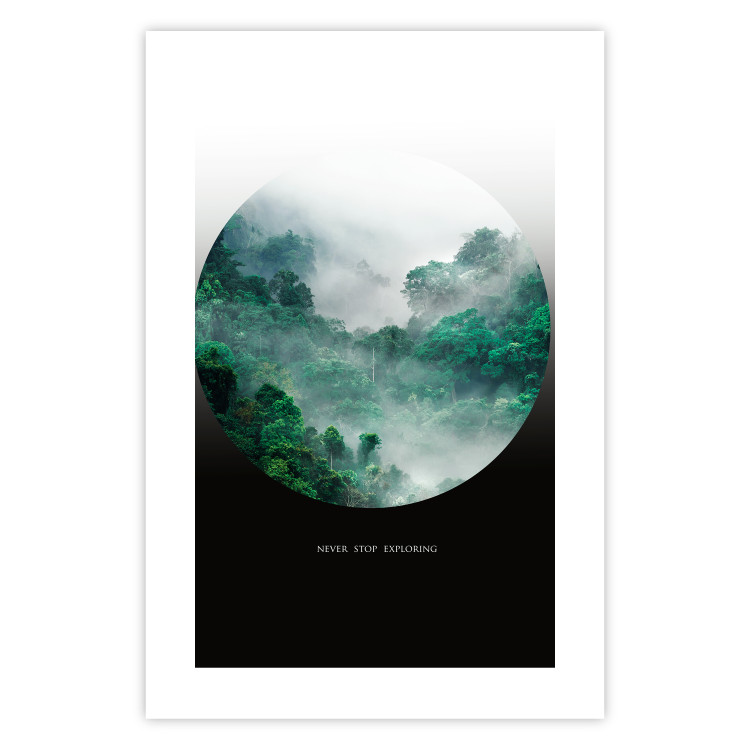 Wall Poster Never stop exploring - landscape of forest trees amidst fog and white text 117015 additionalImage 19