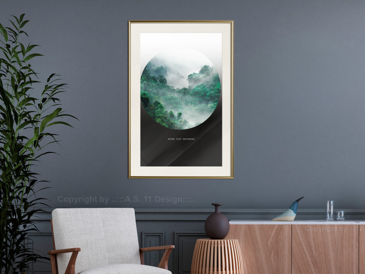 Wall Poster Never stop exploring - landscape of forest trees amidst fog and white text 117015 additionalImage 21