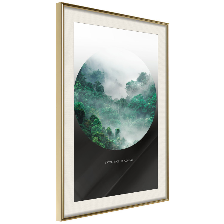 Wall Poster Never stop exploring - landscape of forest trees amidst fog and white text 117015 additionalImage 2
