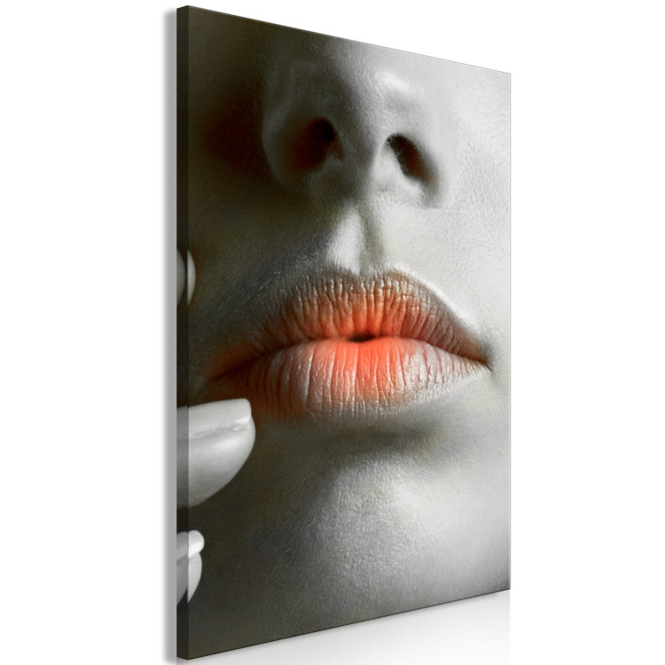 Canvas Print Warm lips - a close-up of a woman's face in shades of gray 117515 additionalImage 2