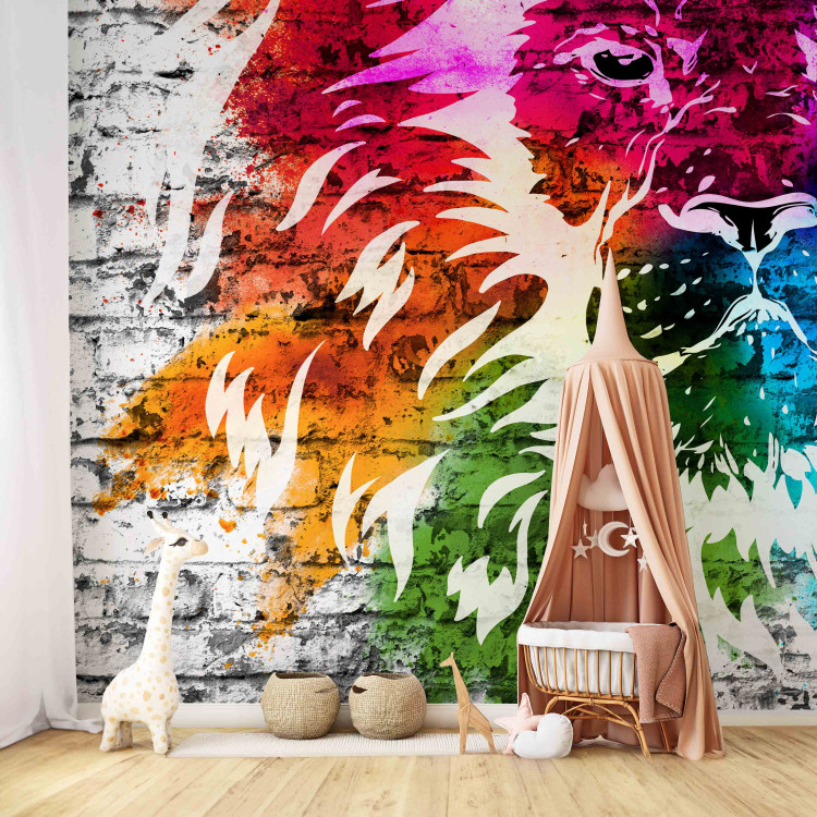 Photo Wallpaper Mural - abstract with a colourful lion on a white brick-textured background 126815 additionalImage 6
