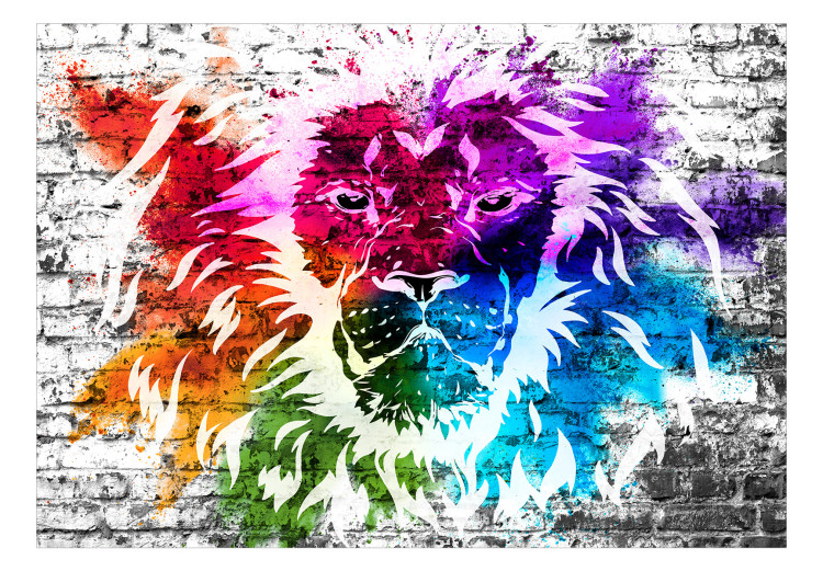 Photo Wallpaper Mural - abstract with a colourful lion on a white brick-textured background 126815 additionalImage 1