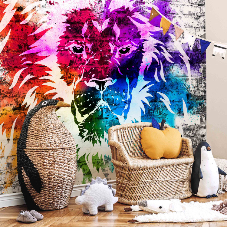 Photo Wallpaper Mural - abstract with a colourful lion on a white brick-textured background 126815 additionalImage 4