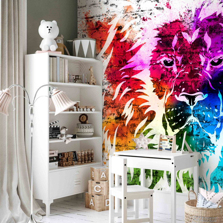 Photo Wallpaper Mural - abstract with a colourful lion on a white brick-textured background 126815 additionalImage 5