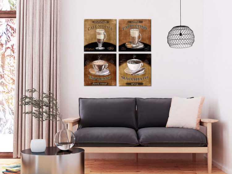 Canvas Print Coffee Variations (4-part) - beverages with inscriptions in retro motif 129315 additionalImage 3