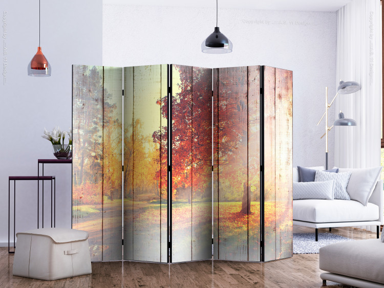 Folding Screen Autumn Sun II (5-piece) - landscape of trees against a wooden background 133415 additionalImage 2