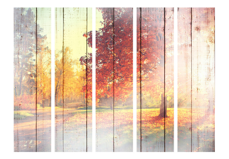 Folding Screen Autumn Sun II (5-piece) - landscape of trees against a wooden background 133415 additionalImage 3