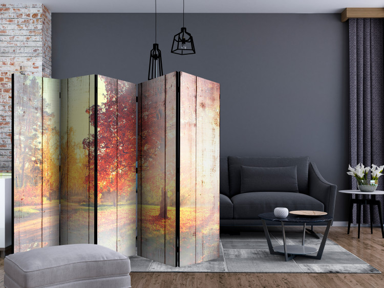 Folding Screen Autumn Sun II (5-piece) - landscape of trees against a wooden background 133415 additionalImage 4