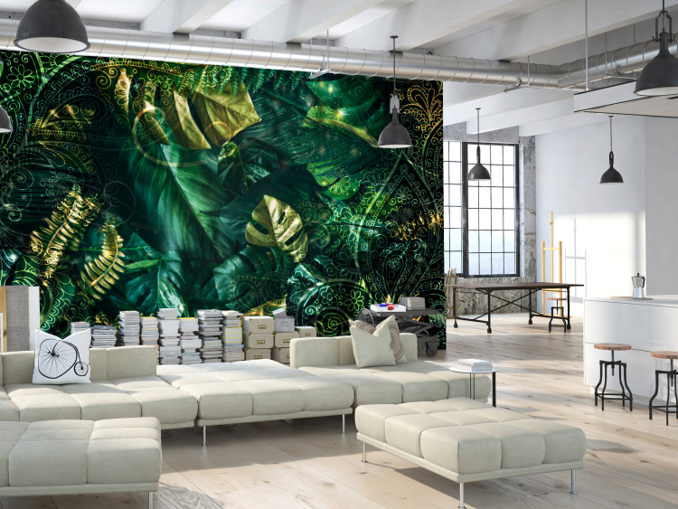 Wall Mural Emerald jungle - floral landscape with leaves and golden patterns 135415