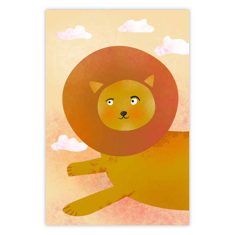 Wall Poster Lion's Play - animal flying among clouds in an orange sky 135715