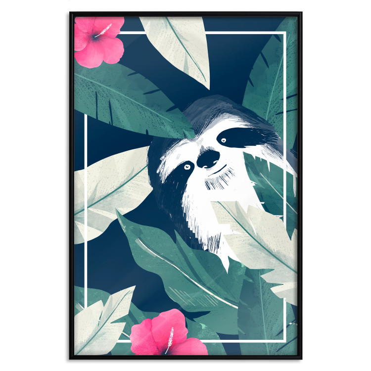 Wall Poster Sloth in the Tropics - animal among green leaves on a navy background 137915 additionalImage 10