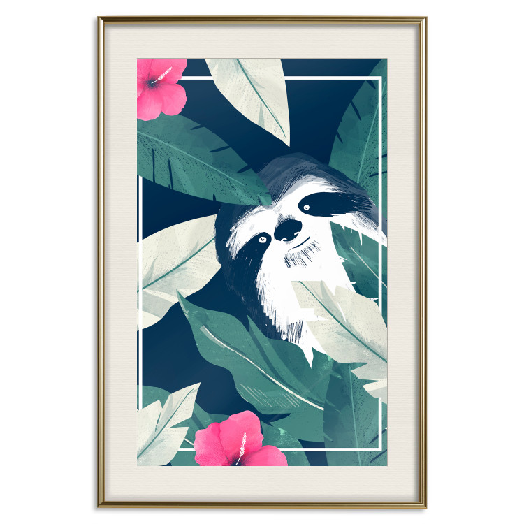 Wall Poster Sloth in the Tropics - animal among green leaves on a navy background 137915 additionalImage 18