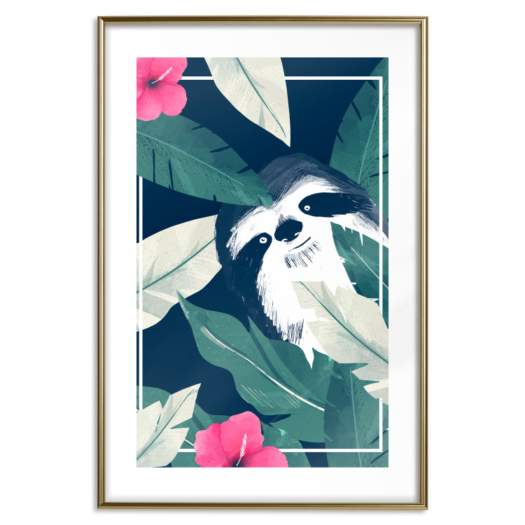 Wall Poster Sloth in the Tropics - animal among green leaves on a navy background 137915 additionalImage 16
