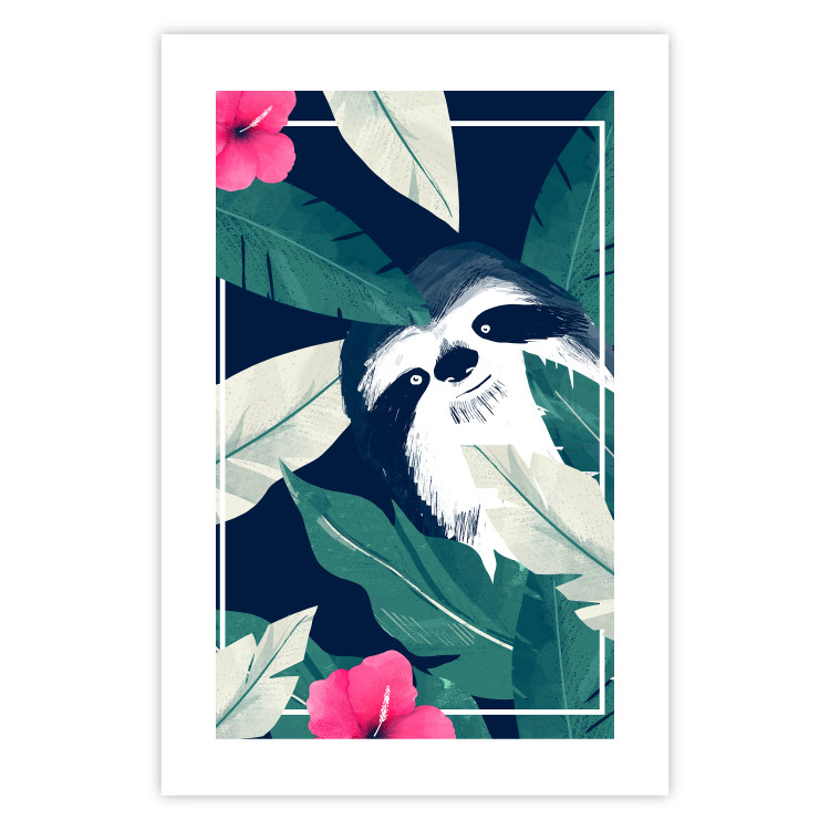 Wall Poster Sloth in the Tropics - animal among green leaves on a navy background 137915 additionalImage 13