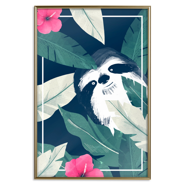Wall Poster Sloth in the Tropics - animal among green leaves on a navy background 137915 additionalImage 9