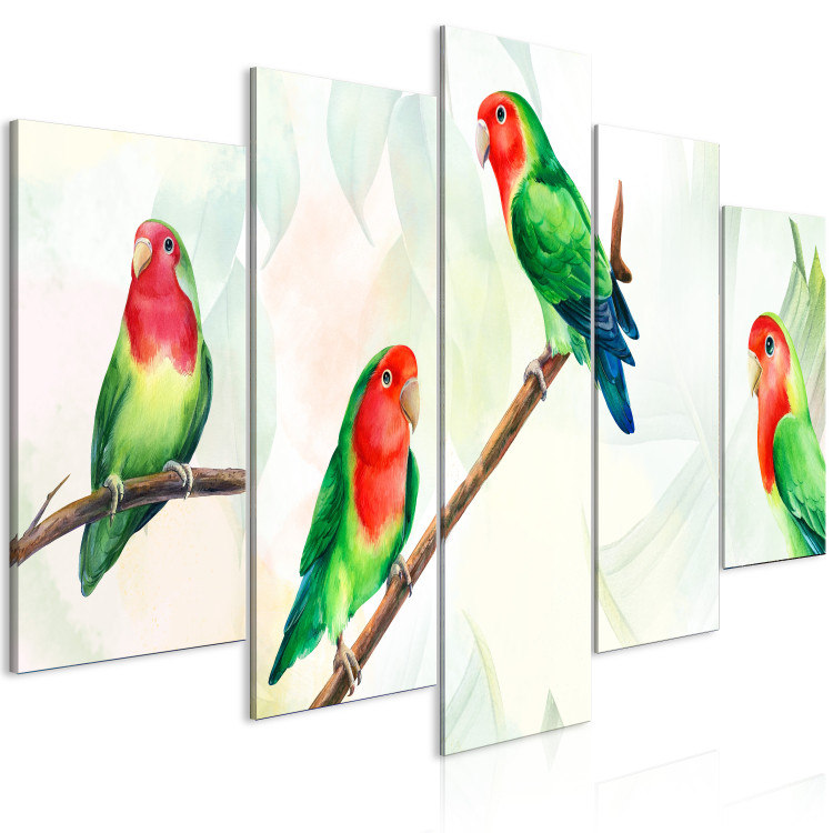 Canvas Lovebirds (5-piece) Wide - colorful birds and leaves 142315 additionalImage 2