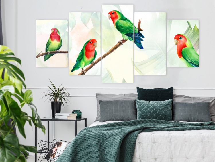 Canvas Lovebirds (5-piece) Wide - colorful birds and leaves 142315 additionalImage 3