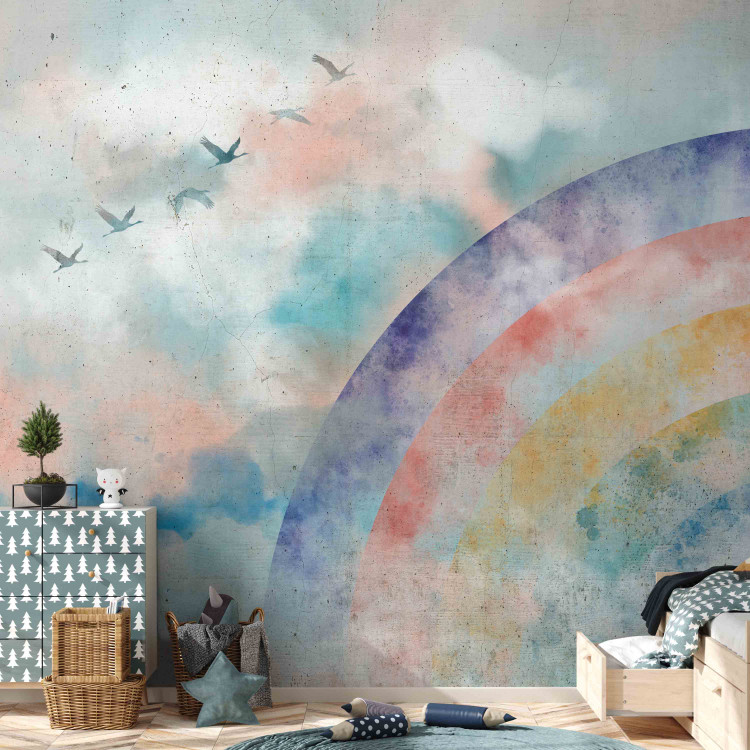 Photo Wallpaper Rainbow dreams - landscape with clouds and flying birds in watercolour style 142515 additionalImage 6