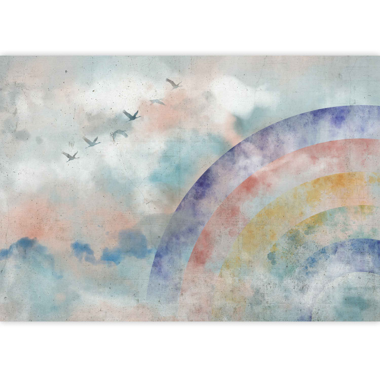 Photo Wallpaper Rainbow dreams - landscape with clouds and flying birds in watercolour style 142515 additionalImage 3