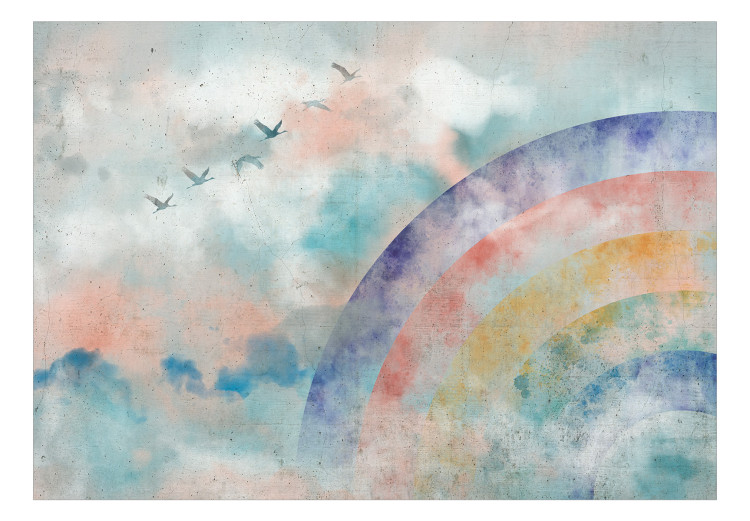 Photo Wallpaper Rainbow dreams - landscape with clouds and flying birds in watercolour style 142515 additionalImage 1