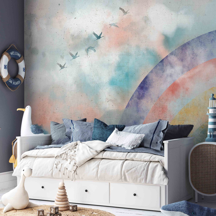 Photo Wallpaper Rainbow dreams - landscape with clouds and flying birds in watercolour style 142515 additionalImage 5