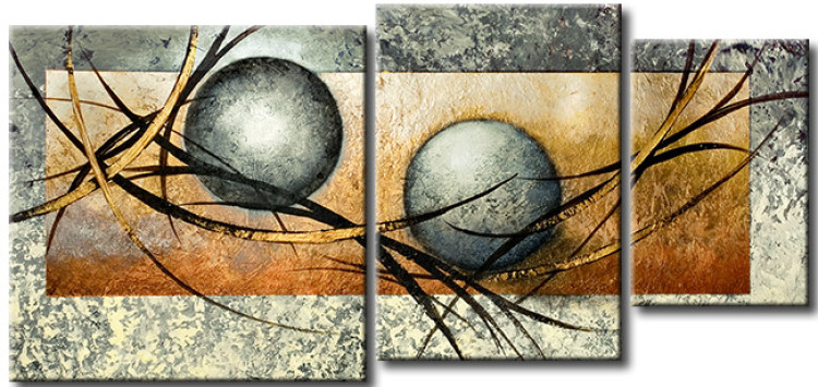 Canvas Gray Balls (3-piece) - Abstraction with balls and golden elements 48115