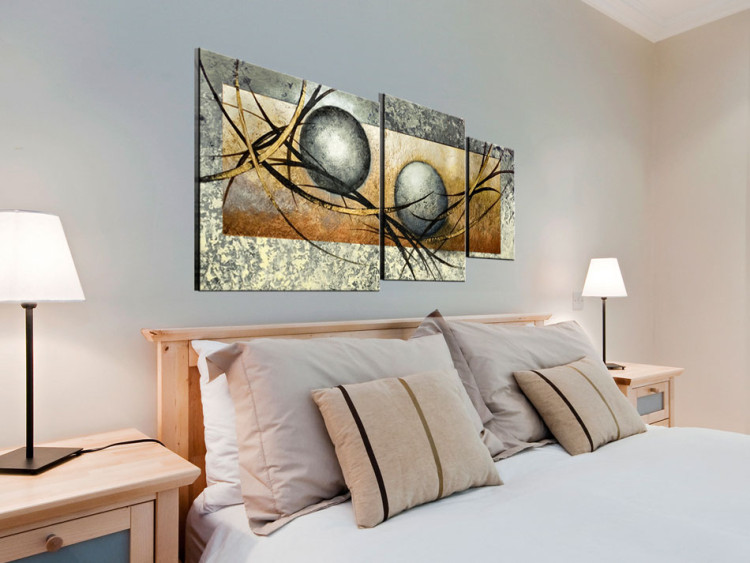 Canvas Gray Balls (3-piece) - Abstraction with balls and golden elements 48115 additionalImage 2