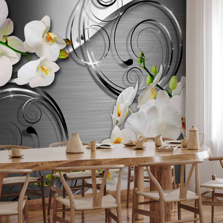 Wall Mural Expectation - white orchid flowers with ornaments on a silver background 59715 additionalImage 7